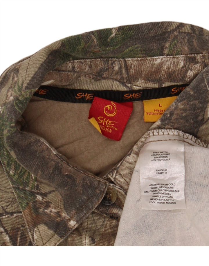 VINTAGE kvinders abstrakt mønster skjorte UK 16 Stor Khaki Colourblock Bomuld