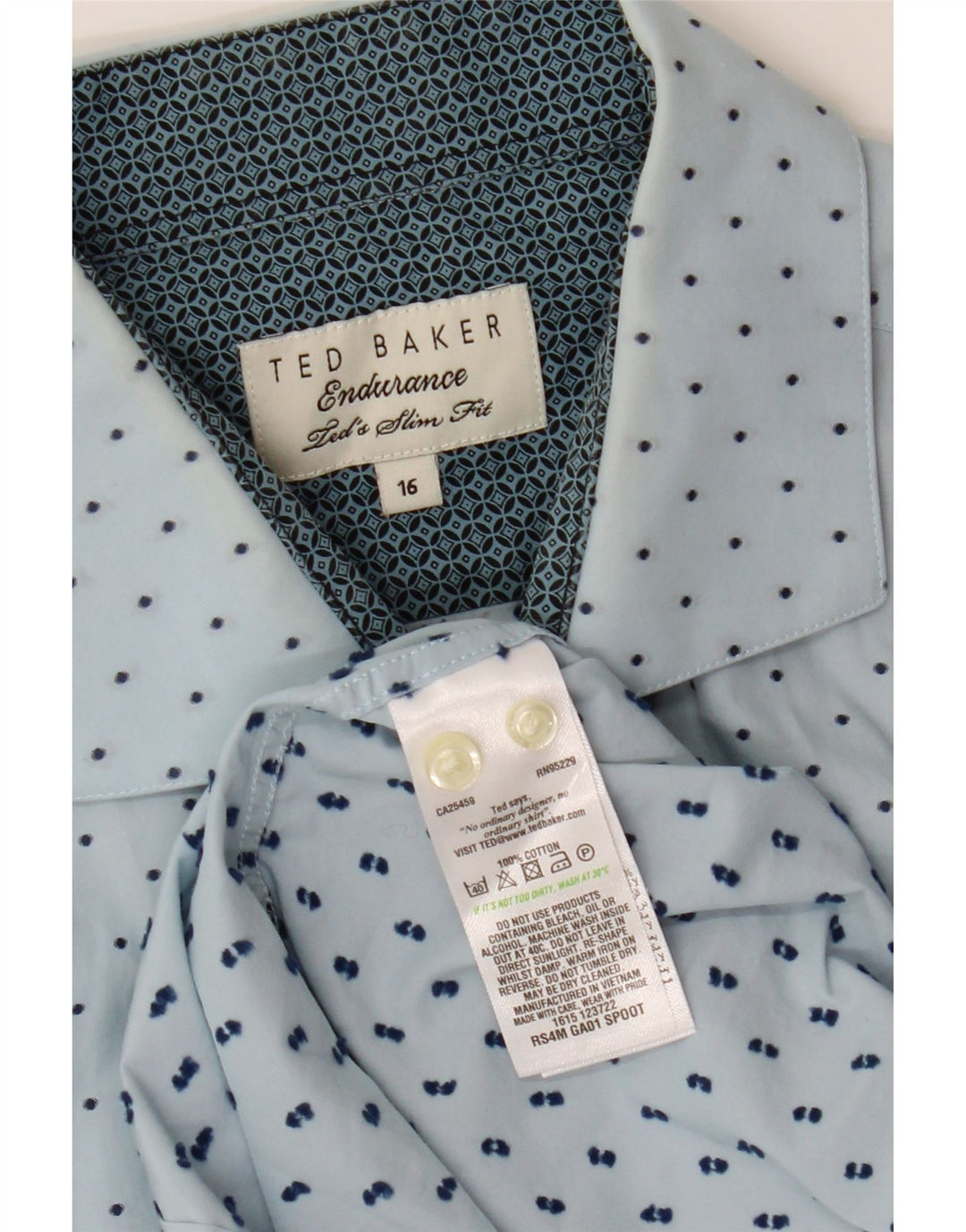 TED BAKER Herre Slim Fit skjorte str. 16 Large Blue Polka Dot Cotton
