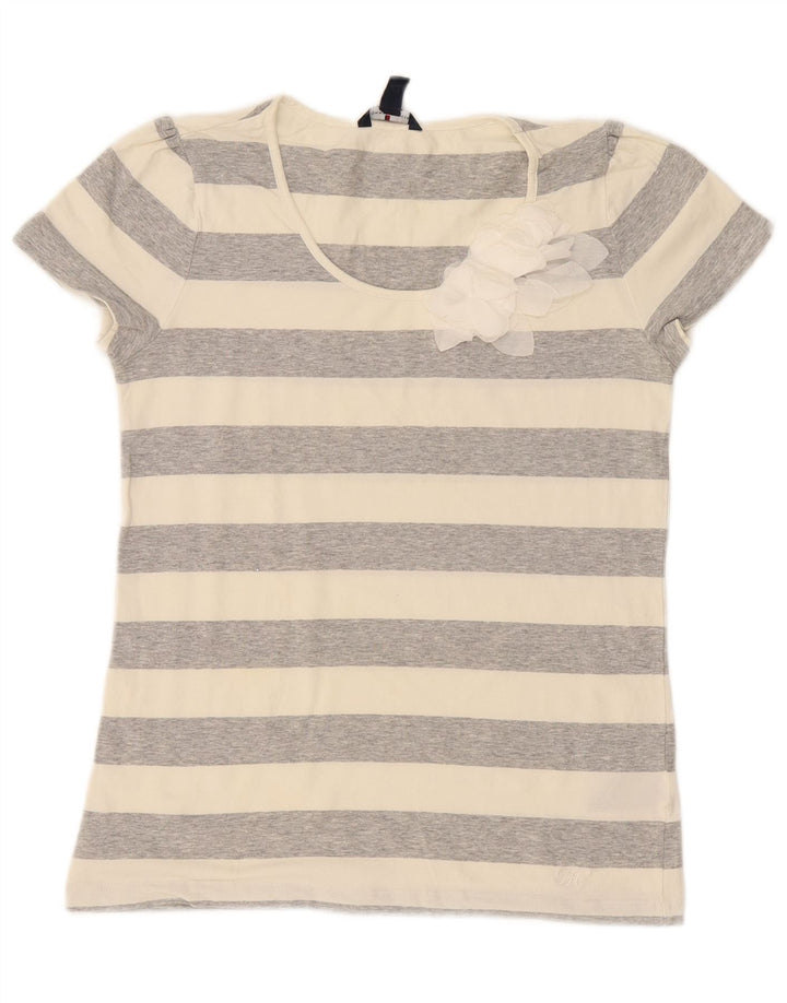 Tommy Hilfiger Dame T-Shirt Top UK 12 Medium Grå Stribet Bomuld
