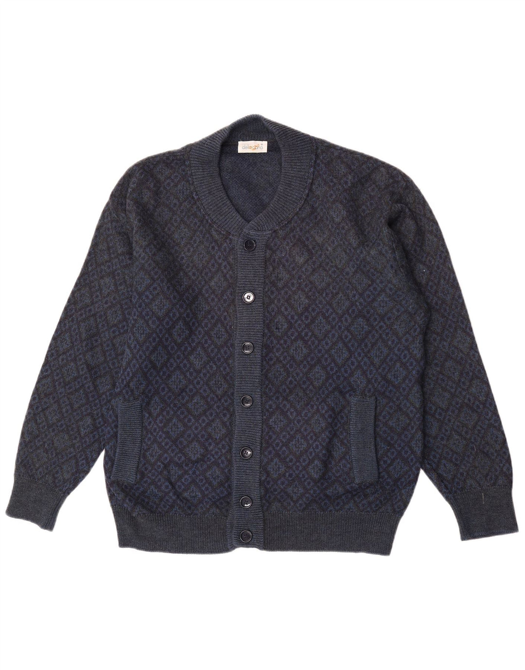 Della Ciana Herre Cardigan Sweater IT 52 Large Navy Blue Argyle/Diamond