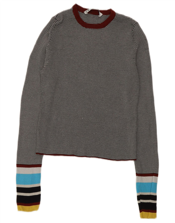 Zara Womens Crop Top Langærmet UK 12 Medium Grey Nålestribe