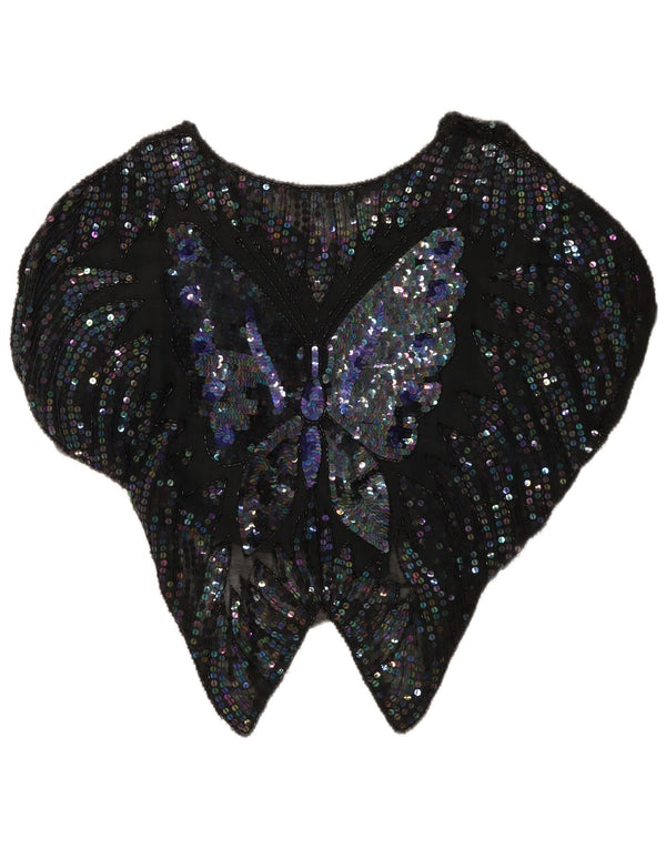 Vintage Dame Sequin Blouse Top UK 14 Large Black Butterfly