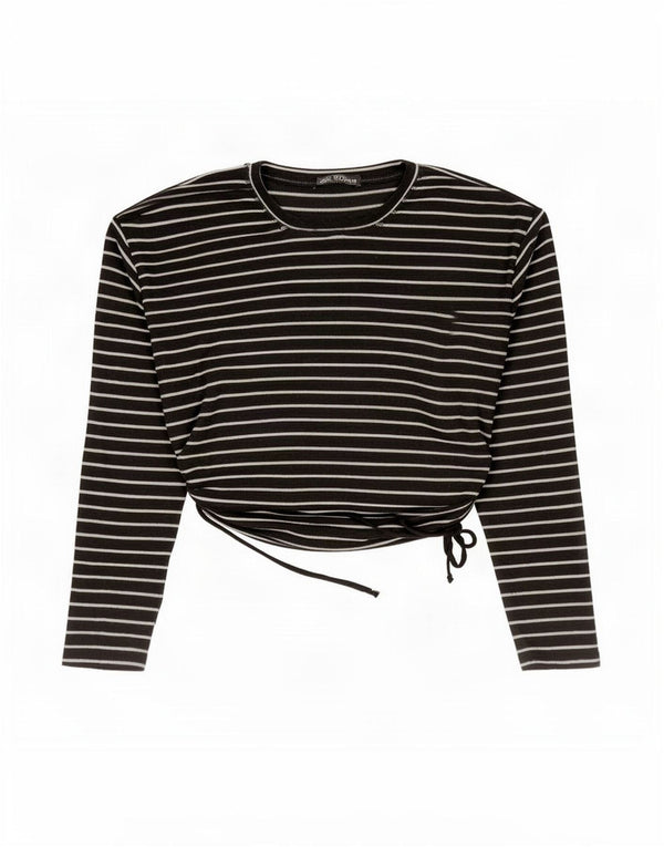 Zara Womens Crop Top Langærmet UK 14 Medium Sort Stribet Polyester