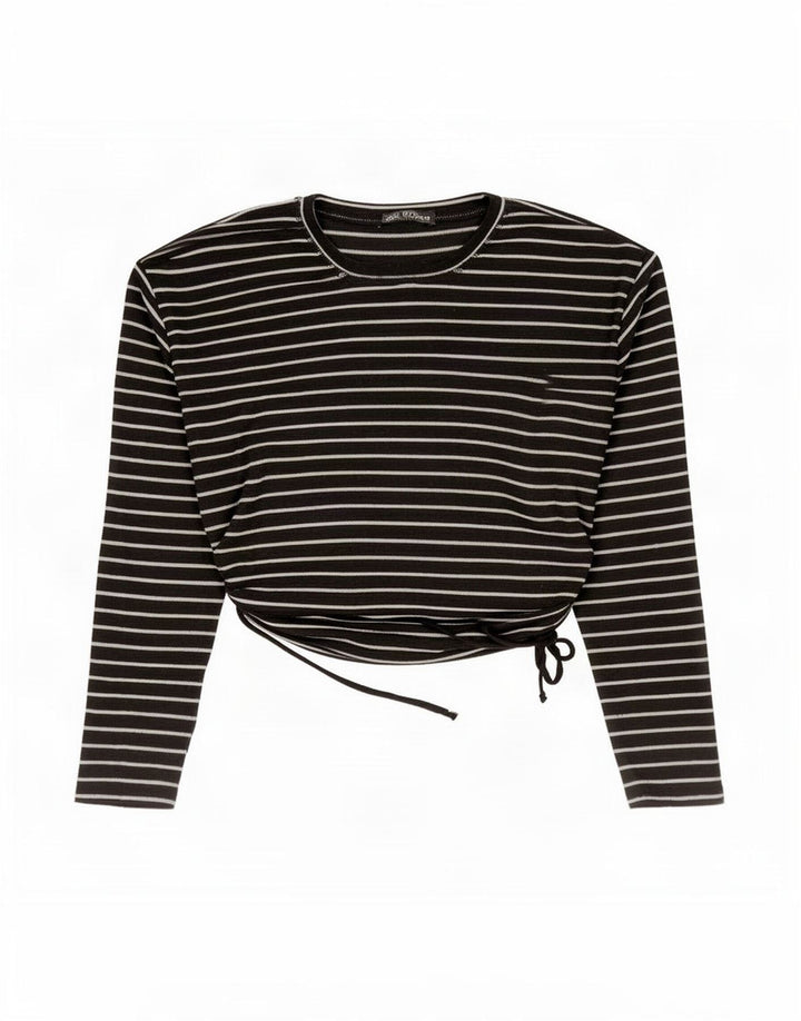 Zara Womens Crop Top Langærmet UK 14 Medium Sort Stribet Polyester