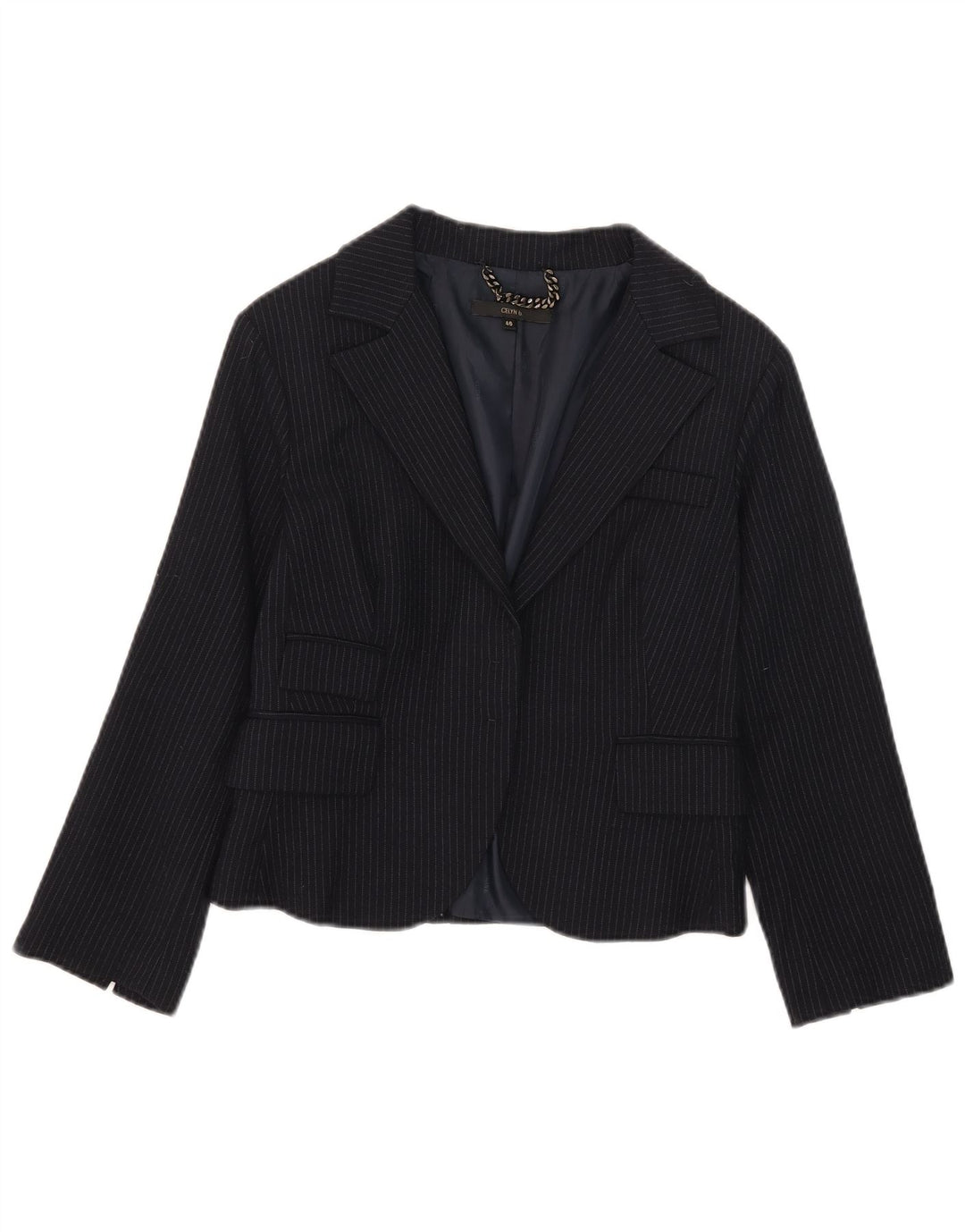 Celyn B Womens Crop Open Blazer Jacket IT 46 Large Navy Blue Nålestribet Uld