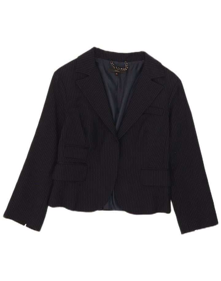 Celyn B Womens Crop Open Blazer Jacket IT 46 Large Navy Blue Nålestribet Uld