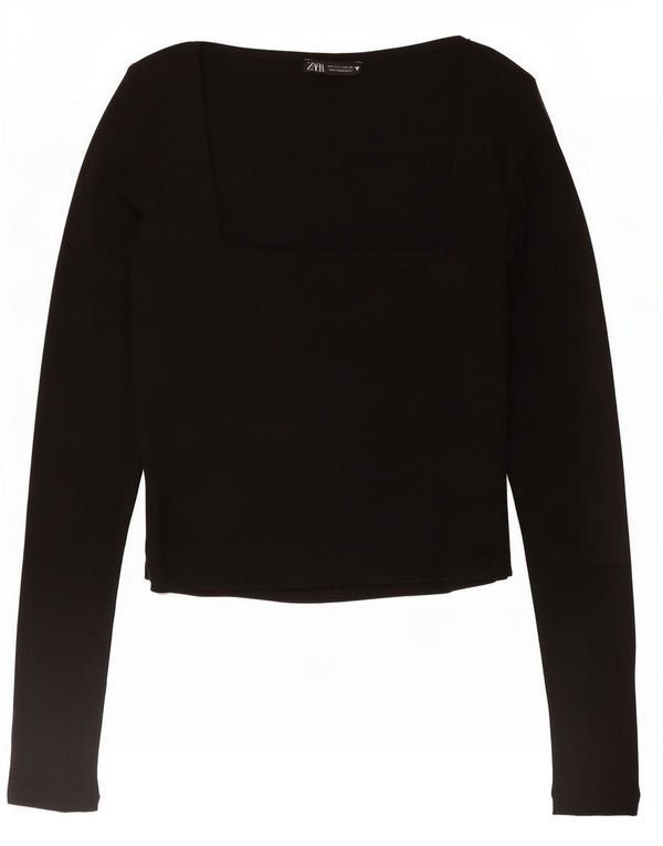 Zara Womens Crop Top Langærmet UK 14 Large Black Bomuld