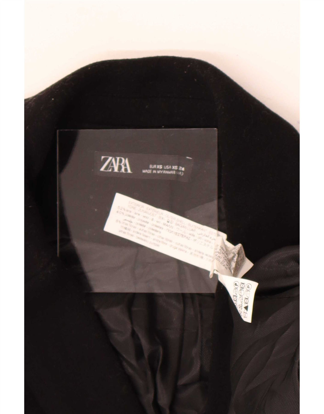 Zara Dame Dobbeltradet Frakke UK 6 XS Sort Uld