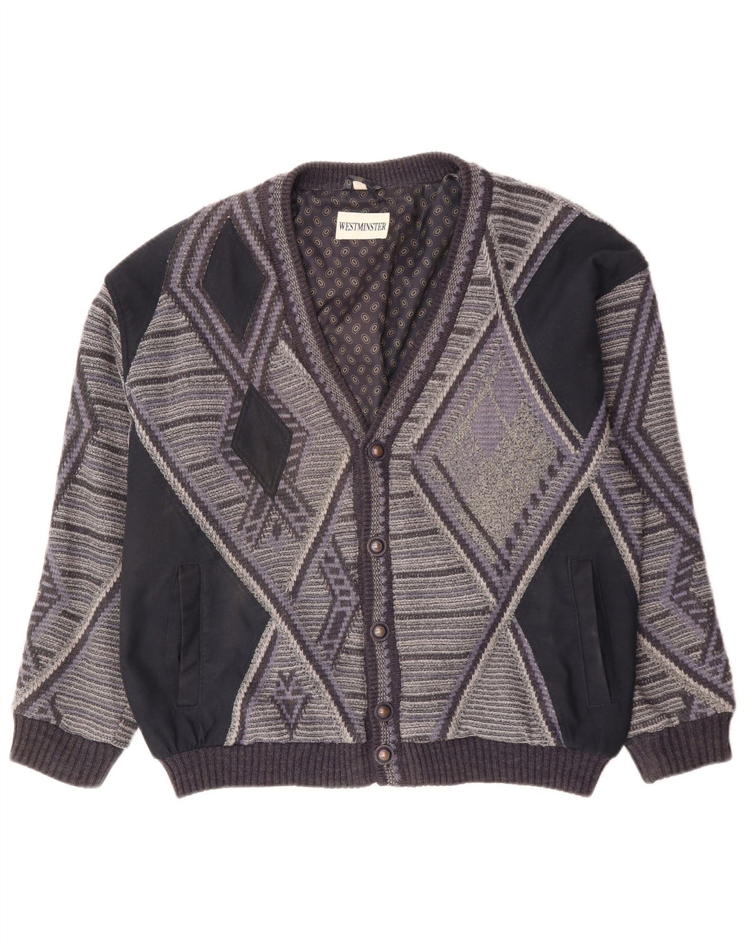 VINTAGE Herre cardigan sweater XL Grå Geometrisk akryl