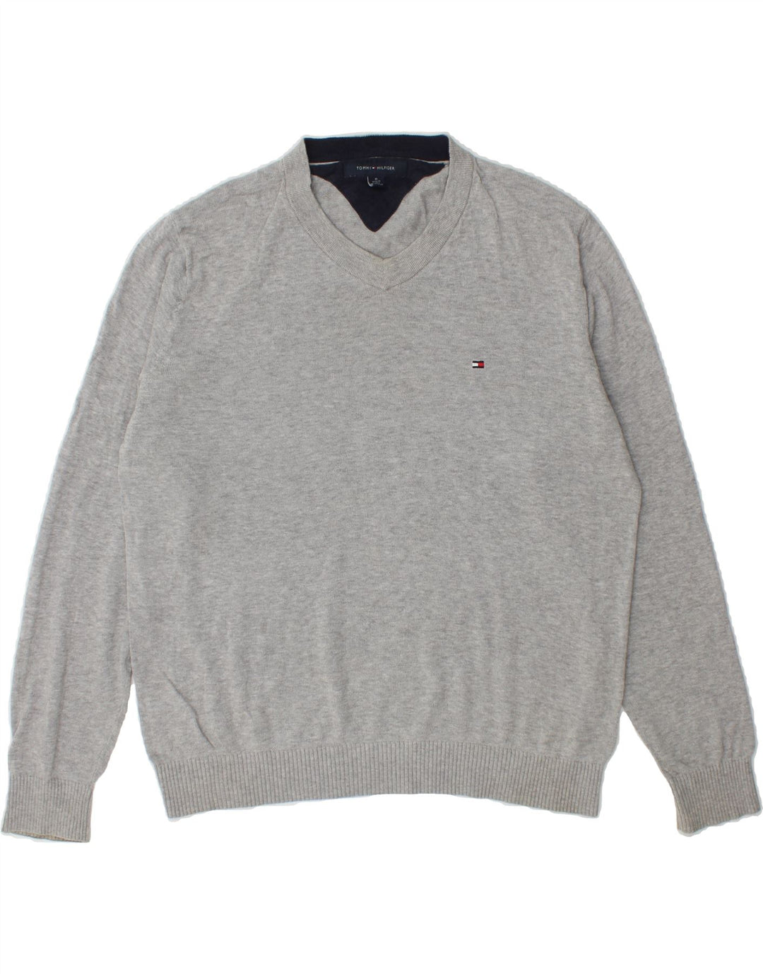 TOMMY HILFIGER Mens V-Neck Jumper Sweater Large Grey Cotton Vintage Tommy Hilfiger and Second-Hand Tommy Hilfiger from Messina Hembry 