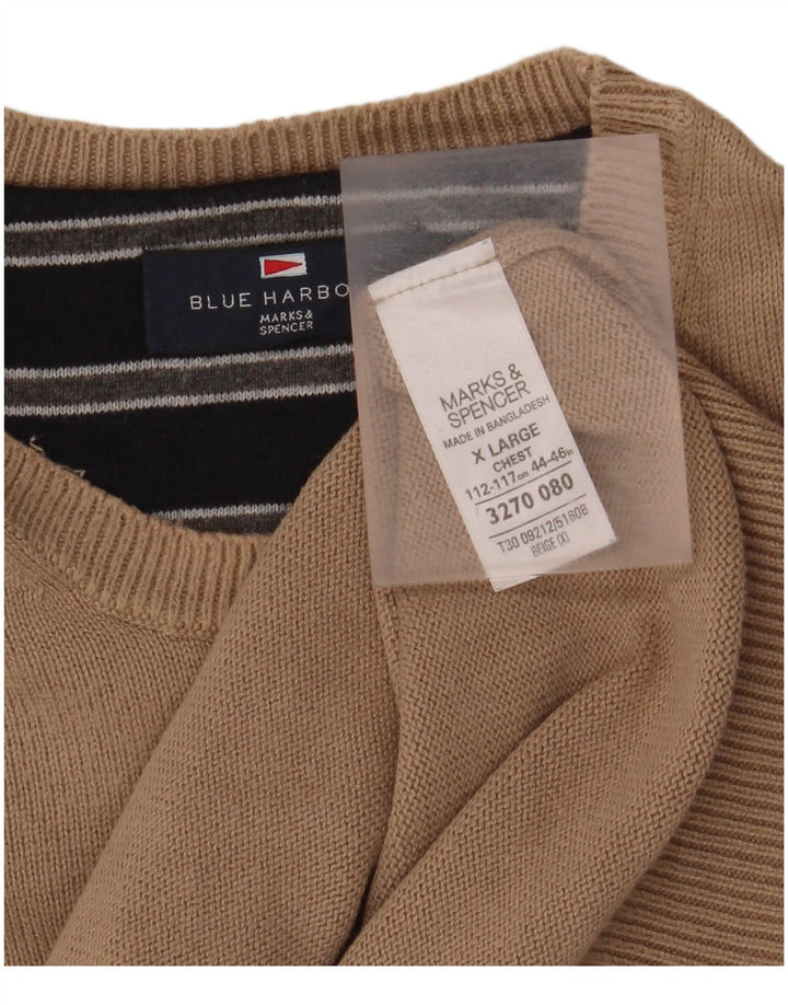 MARKS & SPENCER Herre Blue Harbor trøjetrøje med rund hals XL Beige bomuld