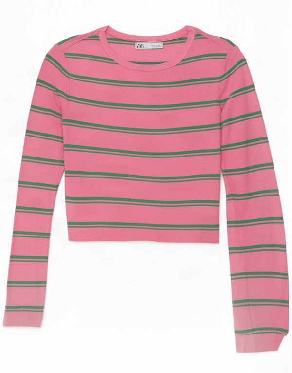 Zara Womens Crop Top Langærmet UK 14 Stor Pink Stribet Polyamid