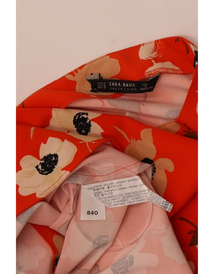 Zara Dame 3/4 ærmet bluse Top UK 12 Medium Orange Floral Polyester