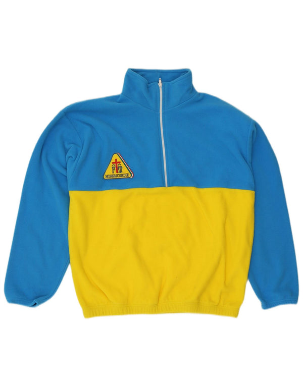 Vintage Mens Graphic Zip Neck Fleece Jumper Small Blue Colourblock