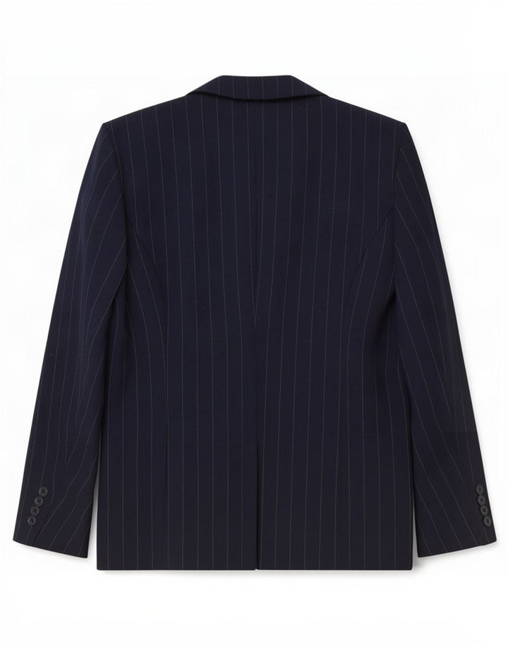 Bhs Dame Dobbeltradet Blazer Jacket UK 14 Large Navy Blue Pinstripe