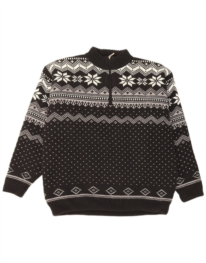 Werther Herre Zip Neck Jumper Sweater Large Black Fair Isle Polyacryl