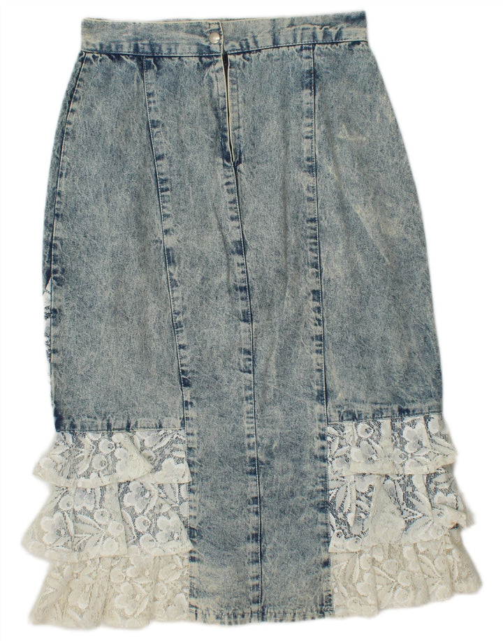 VINTAGE Dame Denim Trompet Nederdel IT 42 Medium W26 Blue Floral