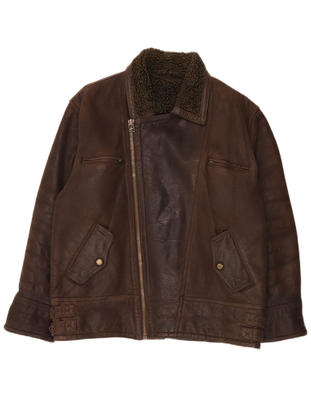 Vintage Herre Sherpa Læderjakke UK 40 Stor Brun