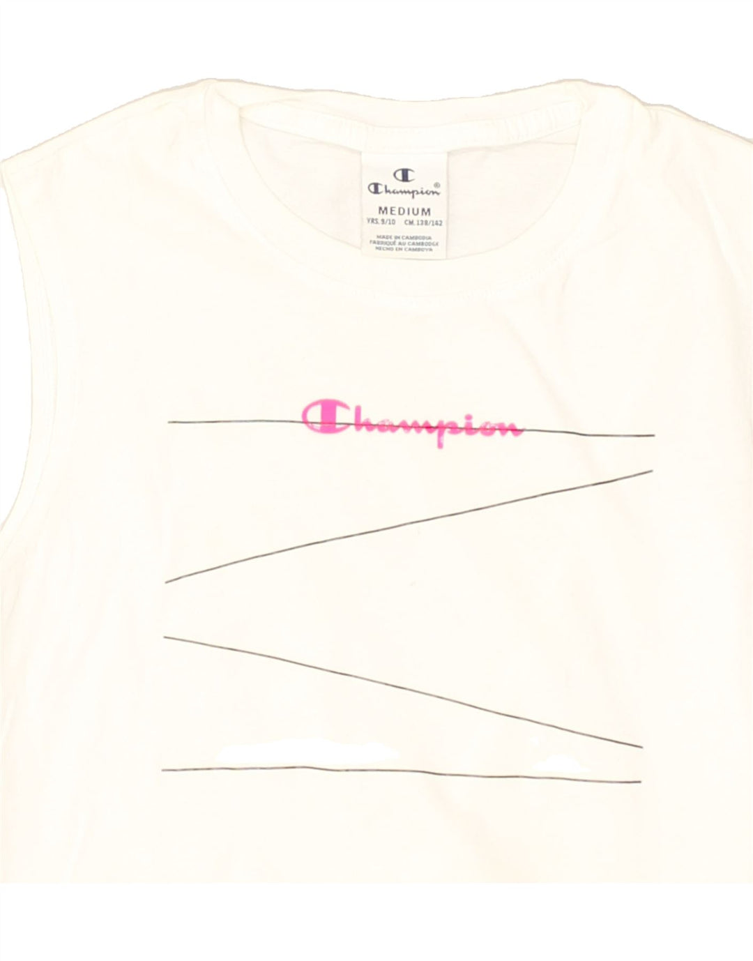 CHAMPION Girls Graphic Vest Top 9-10 Years Medium White Cotton | Vintage Champion | Thrift | Second-Hand Champion | Used Clothing | Messina Hembry 