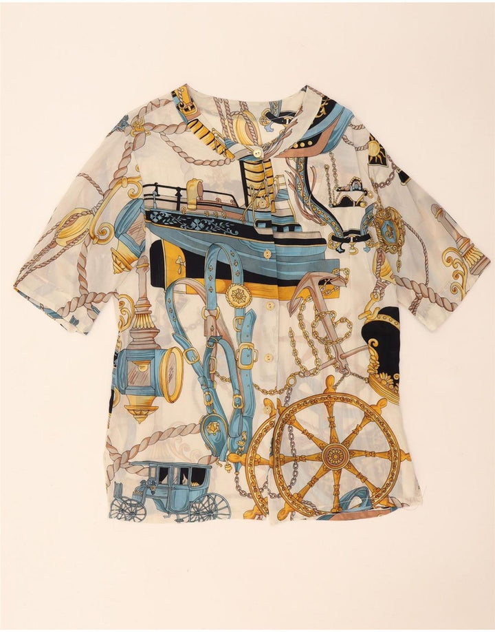 Vintage kvinders abstrakt mønster kortærmet skjortebluse UK 14 Large White