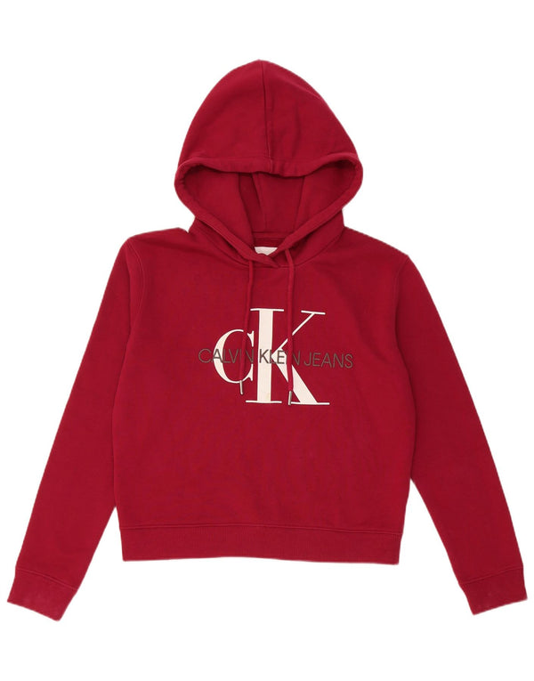 Calvin Klein Jeans Dame Crop Graphic Hoodie Jumper UK 10 Small Burgundy