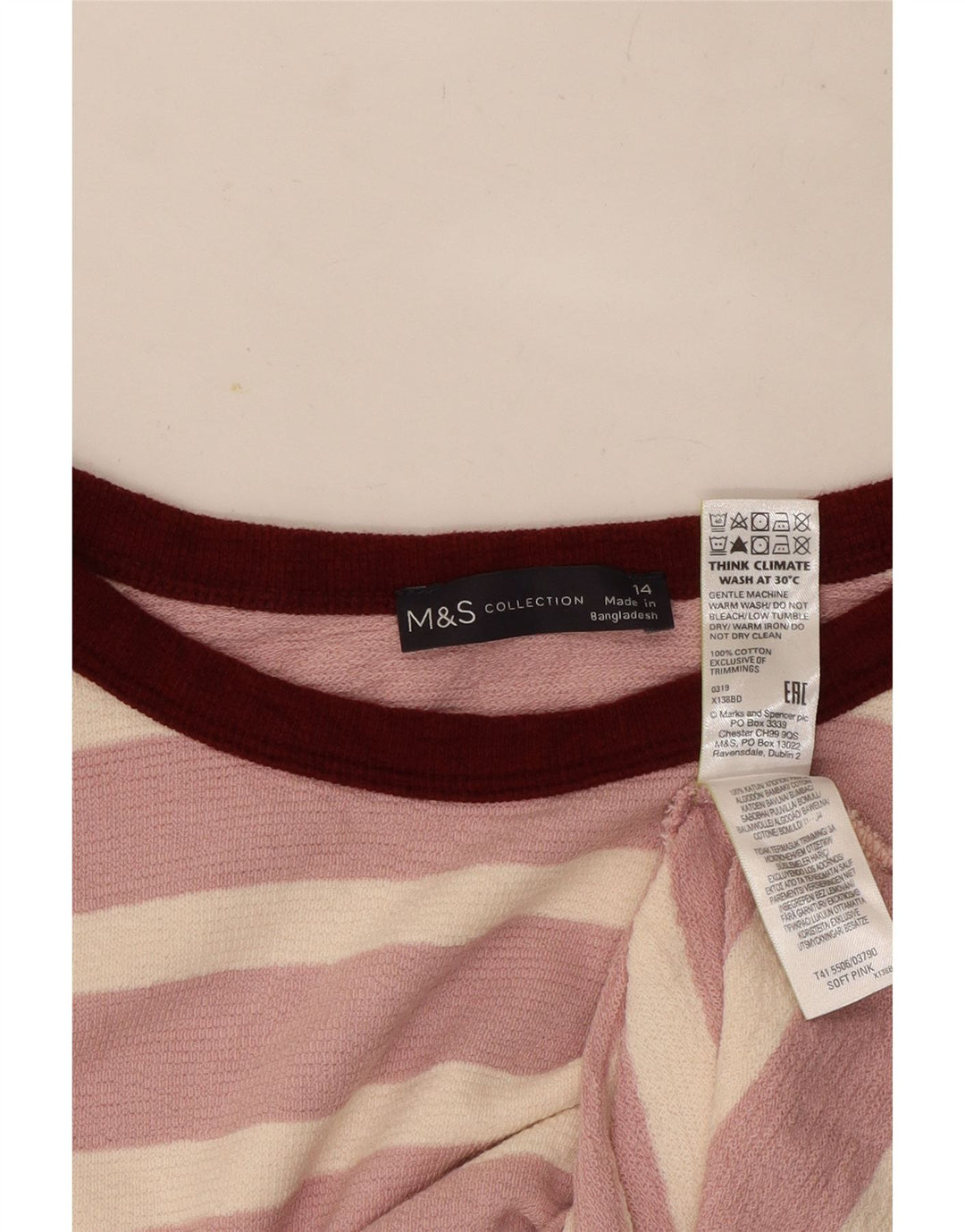 Marks & Spencer Dame Top Langærmet UK 14 Stor Pink Stribet Bomuld