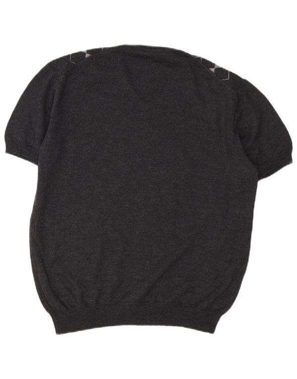 VINTAGE Dame V-hals sweater UK 16 Large Grey Argyle/Diamond