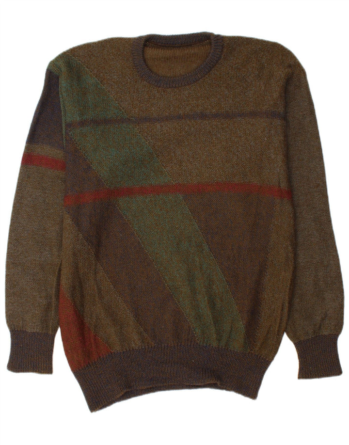 VINTAGE Herre Crew Neck trøje Sweater Large Khaki Colourblock
