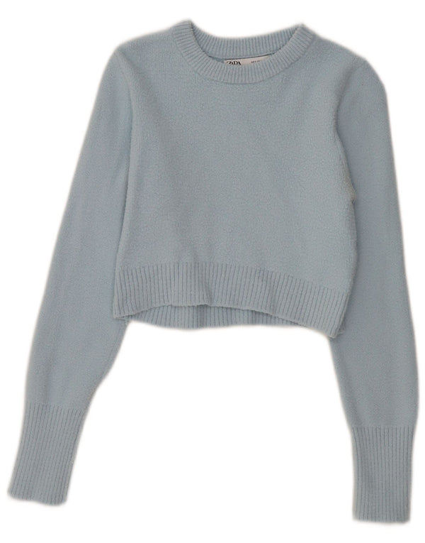 ZARA Womens Crop Boat Neck Jumper Sweater UK 8 Small Blue