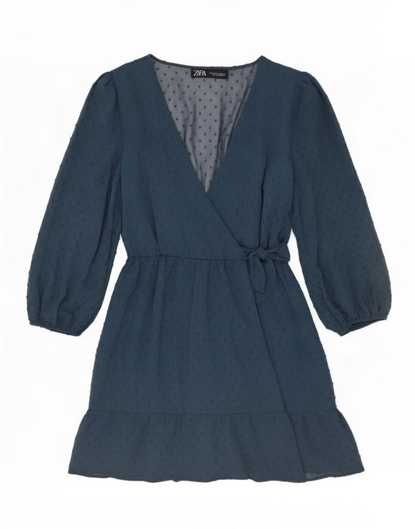 Zara Dame 3/4 ærmet Oversized Tiered Dress UK 10 Small Blue Spotted