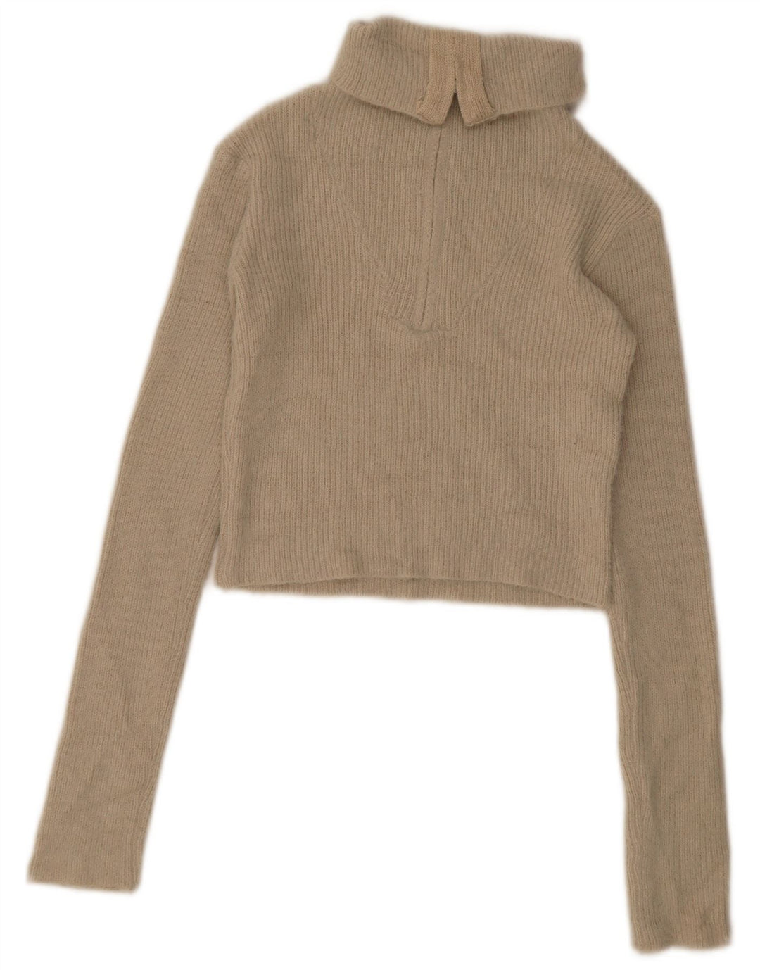 Zara Dame Crop Zip Neck Jumper Sweater UK 12 Medium Beige