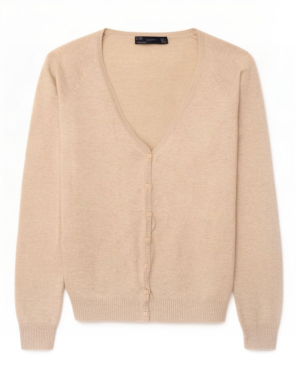 Zara Womens Crop Cardigan Sweater UK 14 Stor Beige Bomuld