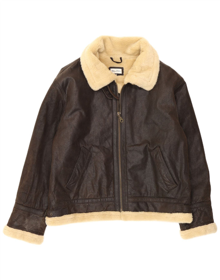 Vintage Sherpa læderjakke til mænd UK 38 Medium Brown Colourblock