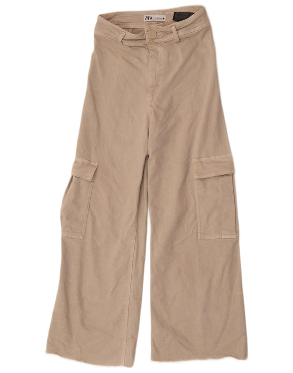 Zara Dame Højtaljede Cargo Jeans med brede ben EU 36 XS W26 L28 Beige Bomuld