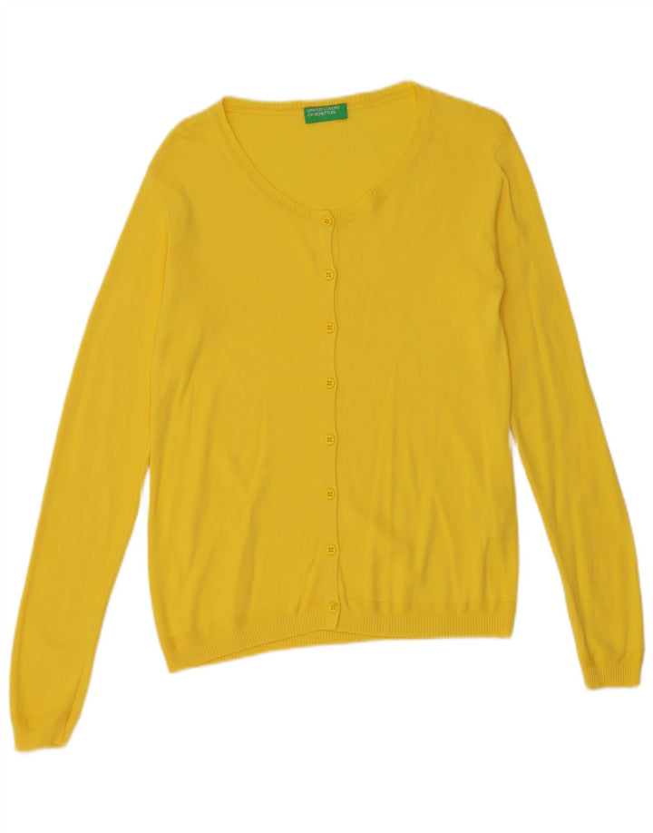 Benetton Dame Cardigan Sweater UK 12 Medium Gul Bomuld