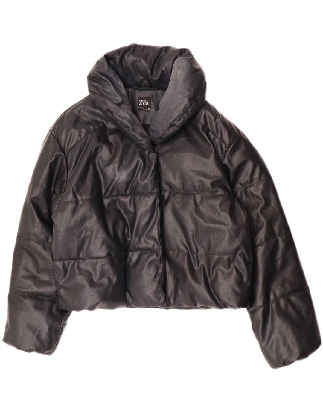 Zara Dame Oversized Polstret imiteret læder jakke UK 6 XS sort polyurethan