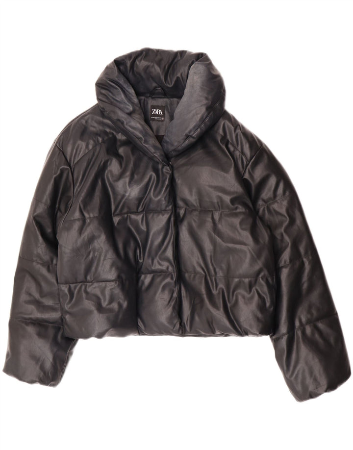 Zara Dame Oversized Polstret imiteret læder jakke UK 6 XS sort polyurethan
