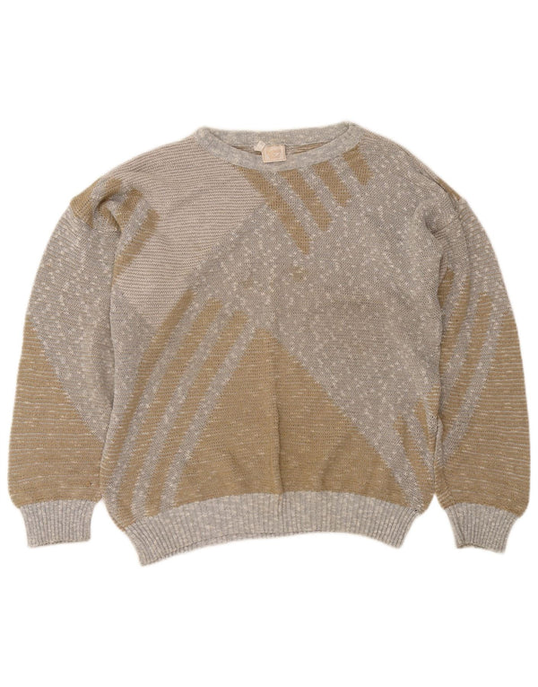 Vintage Dame Boat Neck Jumper Sweater IT 50 XL Beige Colourblock Bomuld