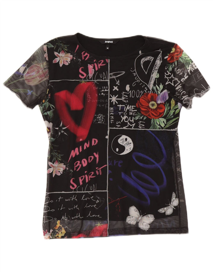 Desigual grafisk T-shirt top til kvinder UK 12 Medium Sort blomstret polyester