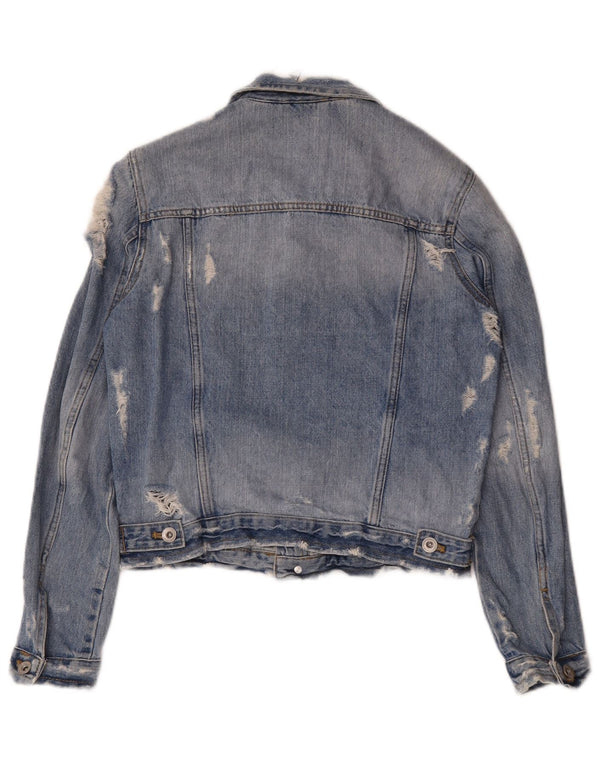 Zara Dame Distressed Denim Jacket UK 10 Small Blue