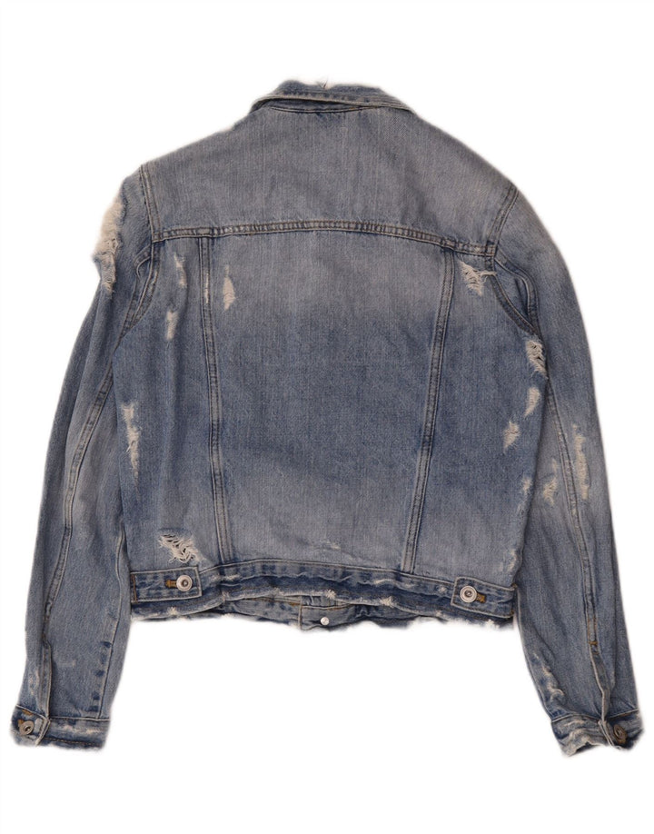 Zara Dame Distressed Denim Jacket UK 10 Small Blue