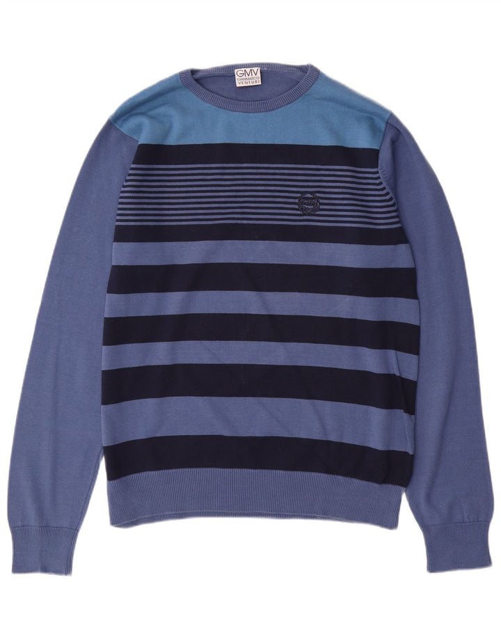 GIANMARCO VENTURI sweater med rund hals til mænd mellemblå stribet bomuld