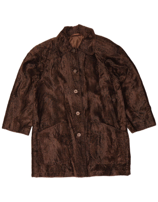 Vintage Dame imiteret Pels Overfrakke UK 16 Large Brown Animal Print
