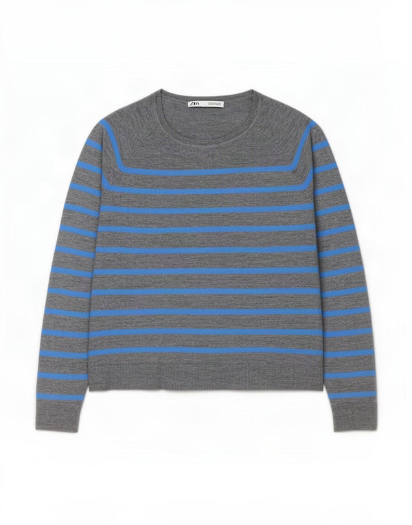Zara Dame Jumper Sweater UK 14 Medium Grå Stribet