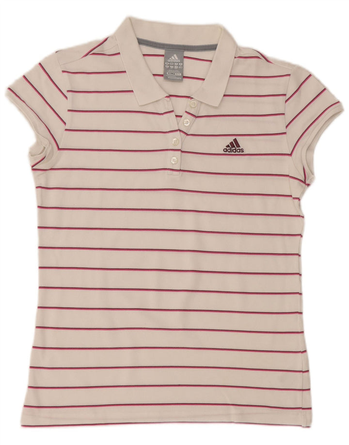 ADIDAS Dame Clima 365 Polo Shirt UK 16 Stor hvid stribet bomuld