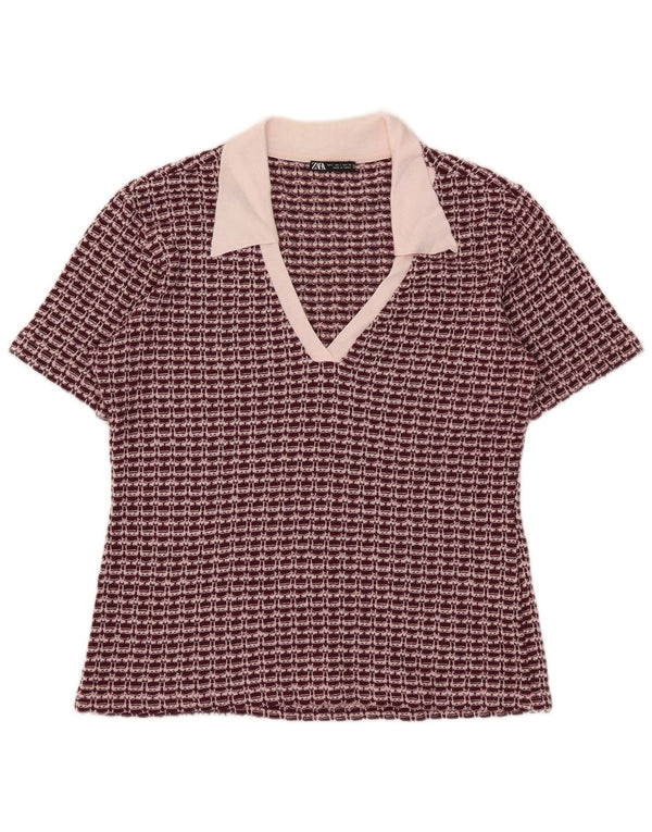 Zara Dame Polo Neck Jumper Sweater UK 14 Large Burgundy Geometric