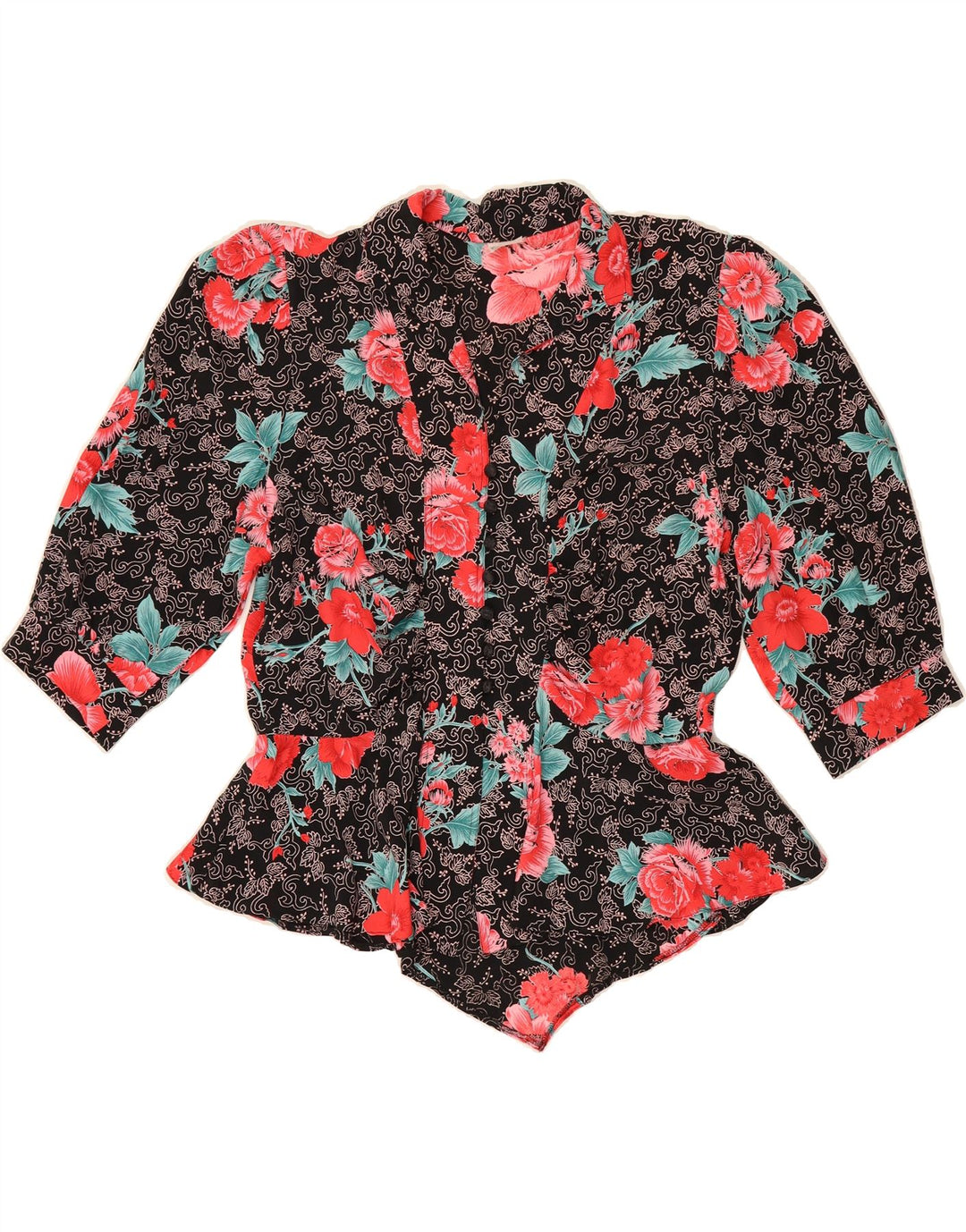 VINTAGE Womens Short Sleeve Shirt Blouse IT 42 Medium Black Floral Vintage Vintage and Second-Hand Vintage from Messina Hembry 