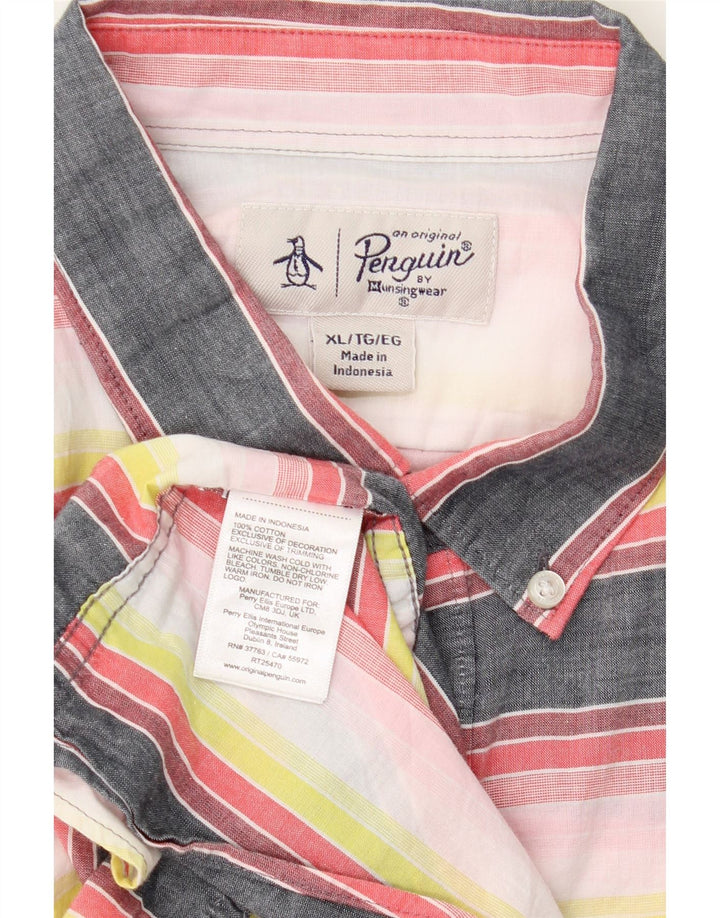 PENGUIN Mens Short Sleeve Shirt XL Multicoloured Striped Cotton Vintage Penguin and Second-Hand Penguin from Messina Hembry 