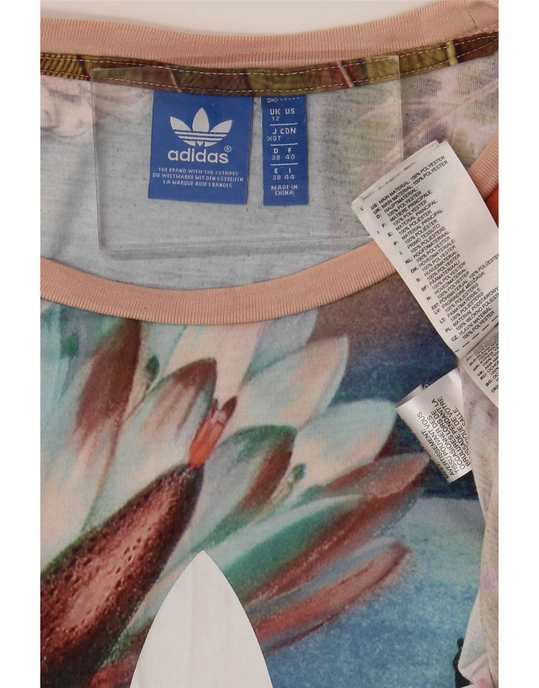 Adidas Dame Grafisk T-Shirt Top UK 12 Medium Multicolored Floral