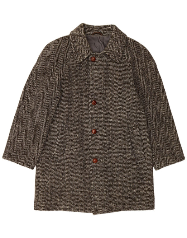 BLUE DEVIL Mens Overcoat UK 38 Medium Grey Herringbone Wool